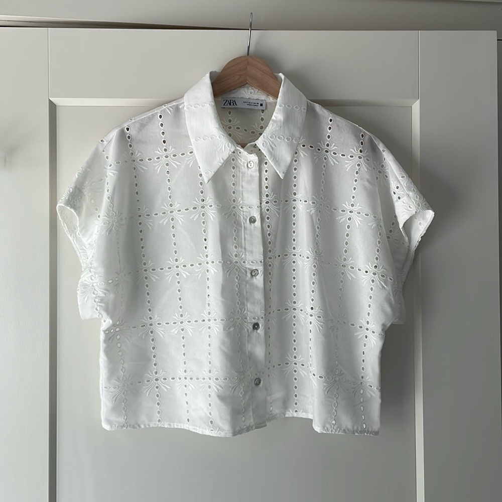 Zara Cropped Eyelet Short Sleeve Blouse